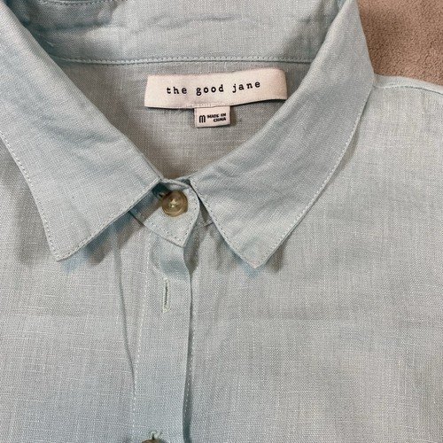 The Good Jane Teal Tie Front Blouse Women’s M Short Sleeve Button Linen Look - Picture 2 of 12