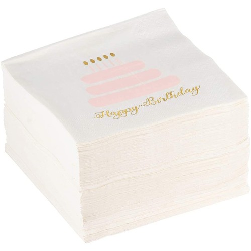 100-Pack Disposable Cocktail Napkins Happy Birthday Cake with Gold Foil Print 5" - Picture 1 of 4