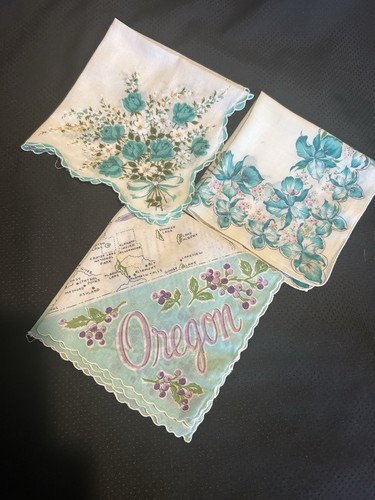 Vintage MCM Hankies Lot of 3 Turquoise Blue Floral Prints Cotton Handkerchiefs