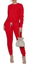 Women's Two-Piece Tracksuit Set Ribbed Knit Loungewear Cherry Red XL