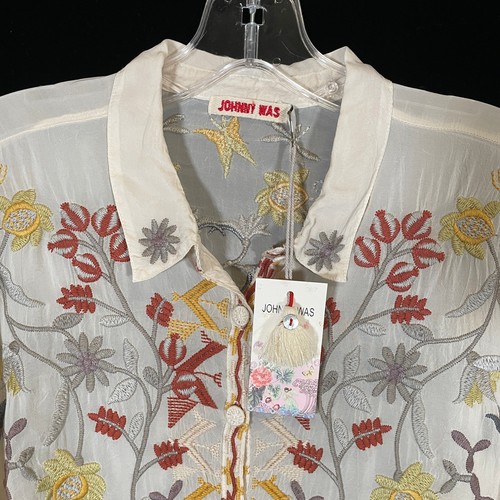 Blusa Johnny Was Girly Bordada Camisa Abotonada Marfil Floral Rayón S - Imagen 5 de 8