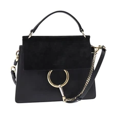 Chloe Fay Hand Bag Suede Leather 2way Black Gold Auth gh787