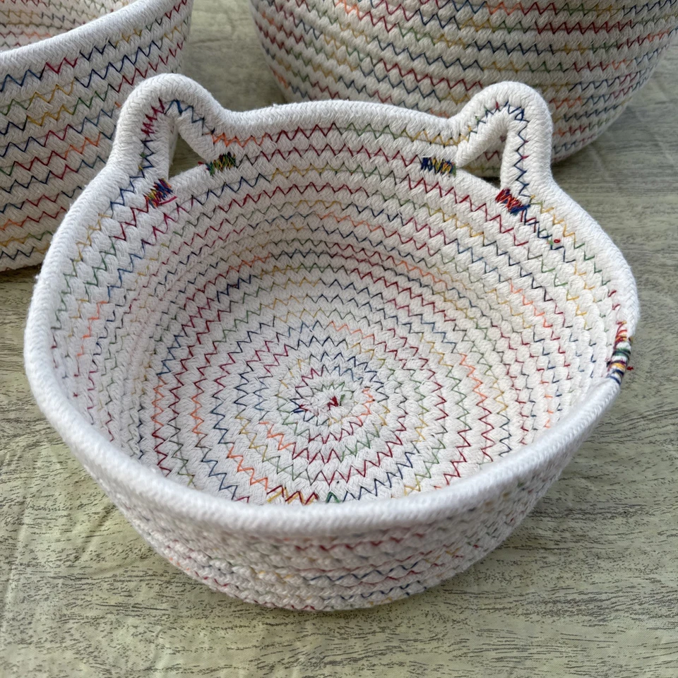 Tres canastas de cuerda de algodón organizadoras mesa artículos diversos plegable interior almacenamiento en el hogar Foto 2 de 4