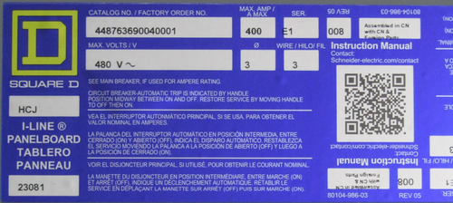 😏 NEW SQUARE D 400 AMP HCJ MAIN LUG I-LINE PANELBOARD 480 VAC 3∅ 18 CIRCUIT - Picture 2 of 10