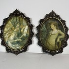 Vintage Italian Silk Print Ornate Oval Pictures Set of 2 Decorative Wall Art