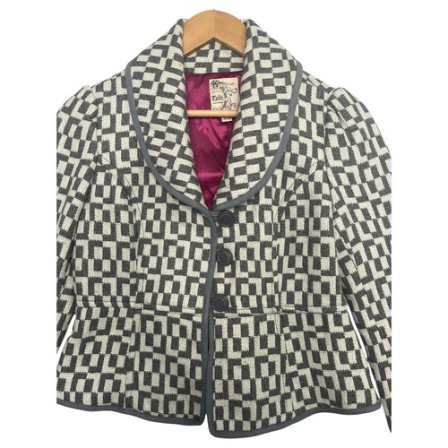 Tulle Anthropologie Jacket Womens Extra Small Gray White Checkered Coat Boho - Picture 6 of 12