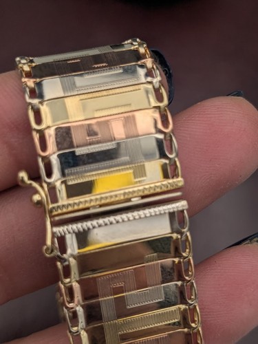 10 Karat mehrfarbiges Gold griechischer Schlüssel des Lebens 7 Glieder Armband 18 mm Breite ~ 17 g - Bild 6 von 12