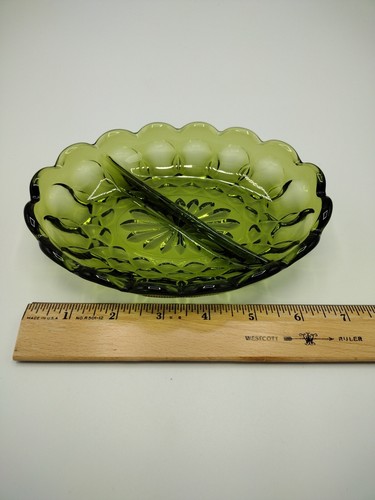 VTG MCM Anchor Hocking Fairfield Glass Scalloped Divided Relish Candy Dish Green - Picture 10 of 11