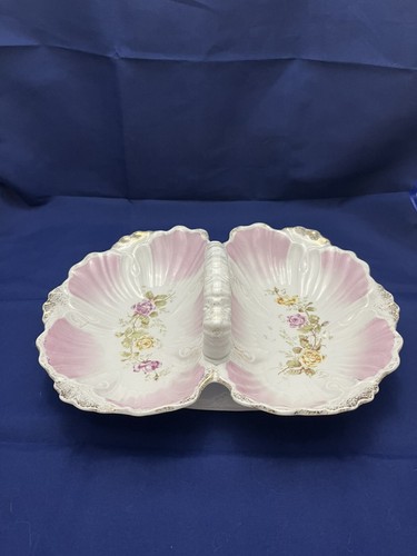 Antique Large KPM Germany Porcelain Divided Handled Serving Dish Pink Gold Trim - Picture 2 of 11