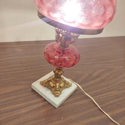 Vintage Mid Century Crown Rippled Top Cranberry Dots Lamp Gorgeous Marble Bottom - Picture 7 of 12