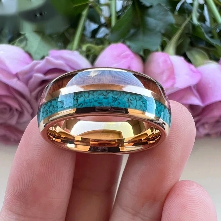 Anillo de carburo de tungsteno de 8 mm para hombres y mujeres turquesa aplastada y anillo de incrustación de madera de koa Foto 3 de 4