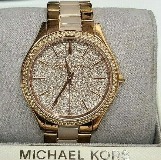 Michael Kors Slim Runway Donna Quadrante Cristallo Oro Bracciale Acciaio MK4288