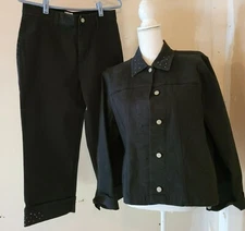 FDJ French Dressing Jeans 2 Pc Black Rhinestone Jacket & Cropped Pants Large