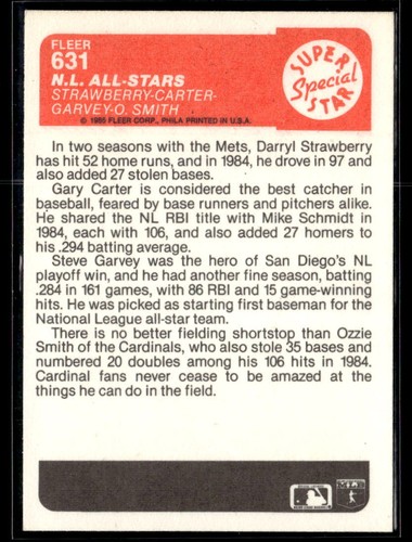 1985 Fleer #631 N.L. All-Stars Strawberry Gary Carter Steve Garvey Ozzie Smith - Foto 2 di 2