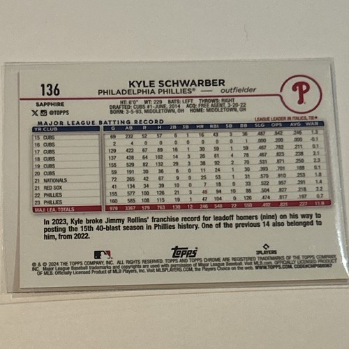 2024 Topps Chrome Sapphire #136 Kyle Schwarber Philadelphia Phillies - Picture 2 of 2