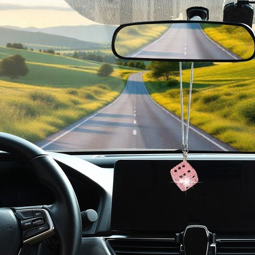 Dijes colgantes de dados con puntos con espejo retrovisor de diamantes de imitación rosa para automóvil - Imagen 6 de 10