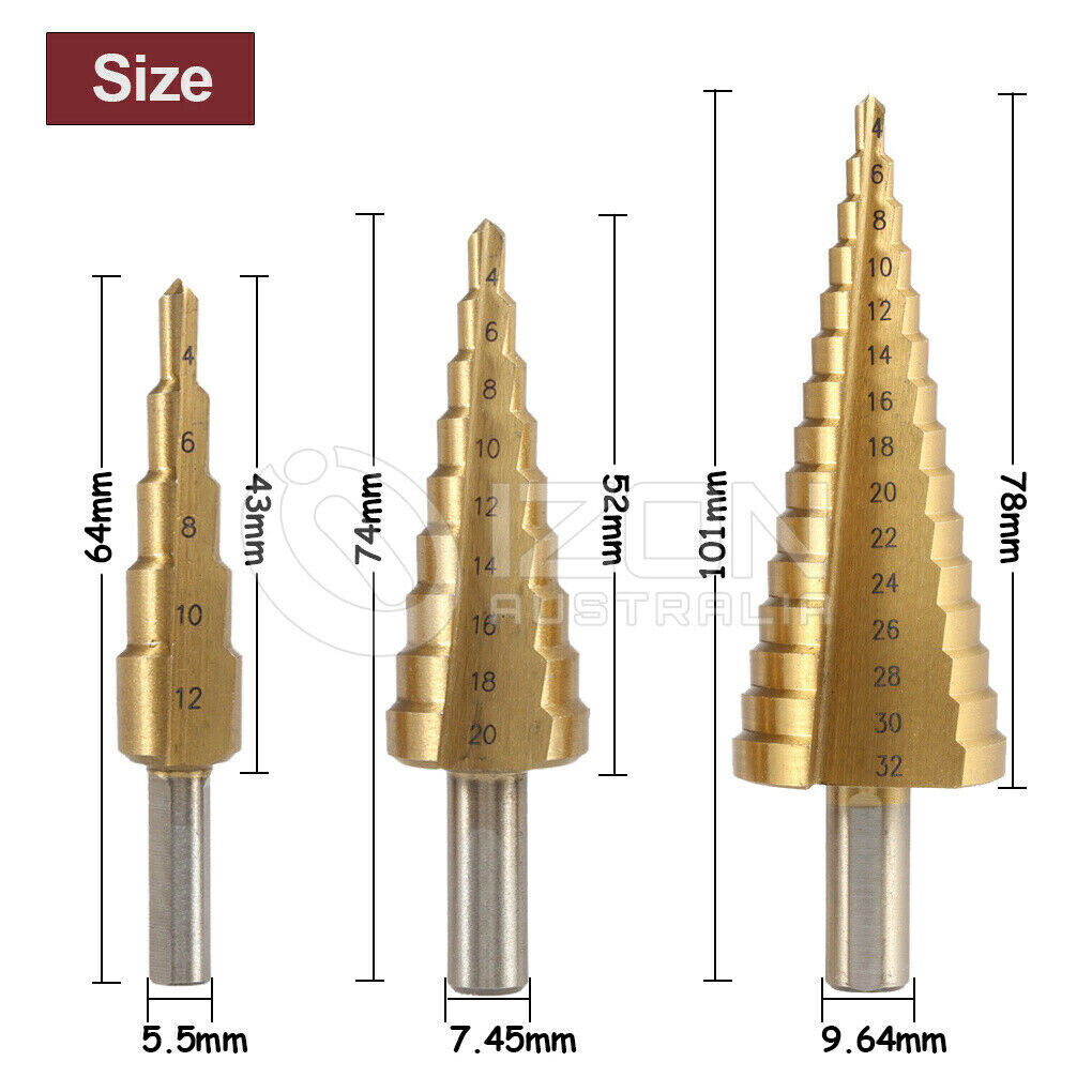 3-Piece Titanium HSS Step Cone Drill Bit Set - Cuts 4-12mm, 20mm, 32mm Holes In Metal