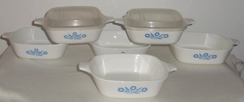6 – CORNING WARE BLUE CORNFLOWER PETITE CASSEROLE PANS & 2 LIDS