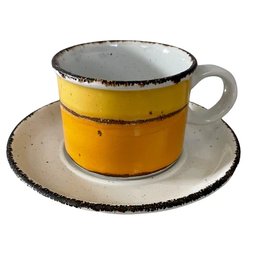 Vintage Midwinter Pottery Stonehenge Sun Mug Coffee Cup Saucer Yellow Orange