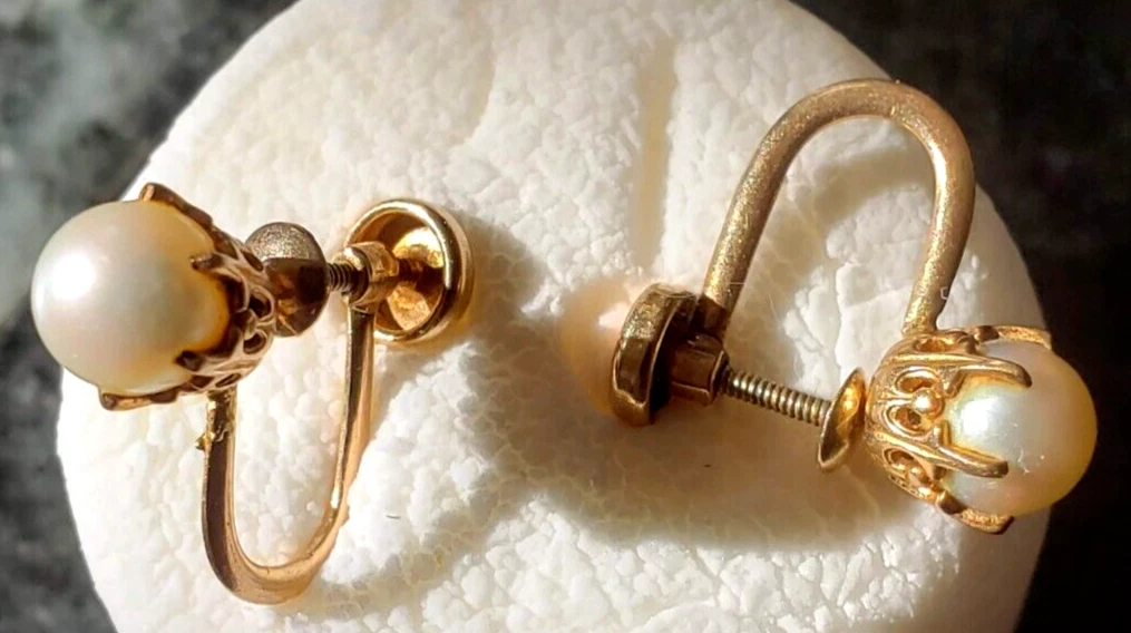 10K Solid Yellow Gold Faux Pearl BDA Screw Back Earrings Signed