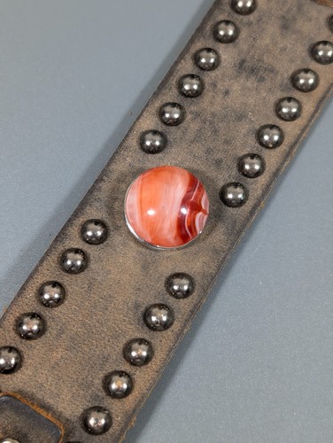 Western Boho Brown Leather Stud Orange Faux Agate Buckle Cuff Bracelet 7 in