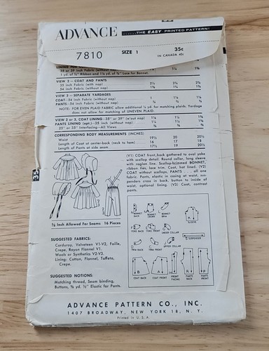 Advance Sewing Pattern TODDLERS COAT-BONNET-PANTS #7810 Size: 1 ©1950s CUT - Picture 2 of 2