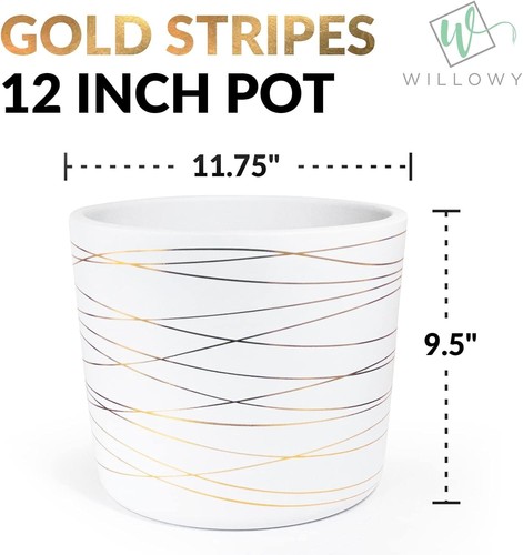 Modern 12-Inch Gold Striped Ceramic Pot with Drainage Hole – Breathable Design - Picture 5 of 8