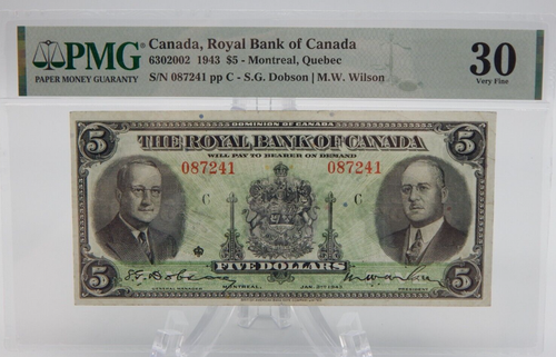 1943 FIVE Dollar The Royal Bank Of Canada $5 Note 6302002 PMG 30 (BT352) - Picture 1 of 4