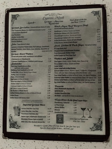 Vintage Menu From The Old Cypress Nook Restaurant, McNab Road, Pompano Beach FLA