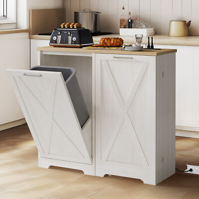 13 Gallon Tilt Out Trash Bin Cabinet w/ Outlet Adjustable Shelves Laundry Hamper