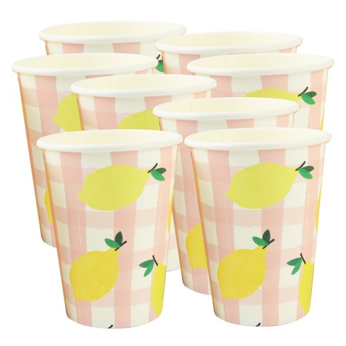 DISPOSABLE TABLEWARE Pink White Party BBQ Paper Plates Cups Pink Gingham Yellow - Picture 9 of 16