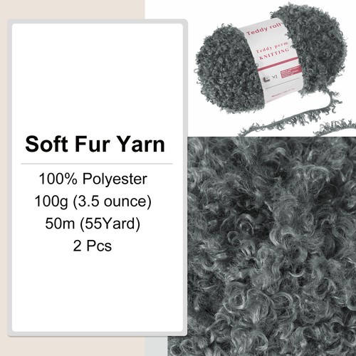 2pcs Fur Yarn Polyester Yarn Fluffy Chunky Yarn Dark Gray for Crocheting,50m - Picture 3 of 6