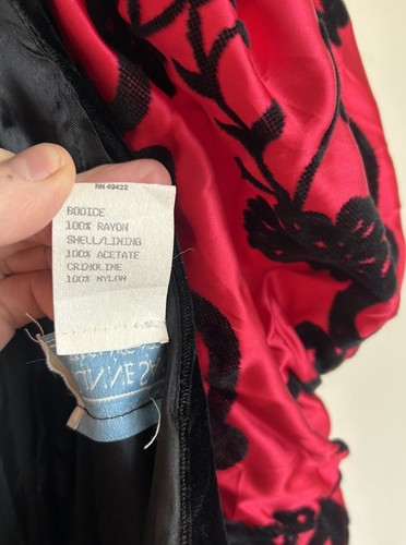Vintage Gunne Sax Red Satin Midi Formal Dress Black Velvet Puff S Floral Prom - Picture 10 of 11