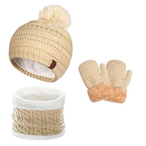 Kinder Winter Beanie Mütze Schal Handschuhe Set mit Fleece Medium 1-5 Jahre Beige - Bild 2 von 7