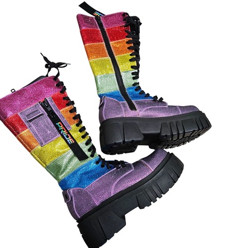 Club Exx NWOT Forever Shining Rhinestone Combat Rainbow Pride Platform Boot 8 - Picture 2 of 17