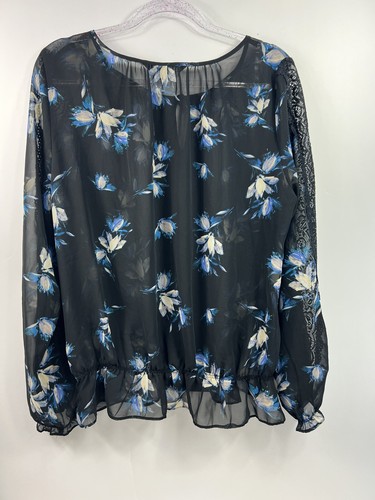 Top túnica Zac & Rachel para mujer talla L negro floral cuello atado cerradura transparente - Imagen 7 de 10