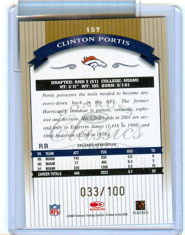 2002 Donruss Classic Clinton Portis ROOKIE Card Numbered Denver Broncos ...