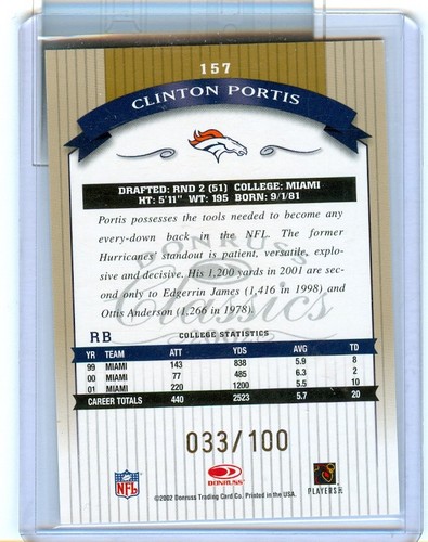 2002 Donruss Classic Clinton Portis ROOKIE Card Numbered Denver Broncos 033/100 - Bild 2 von 2