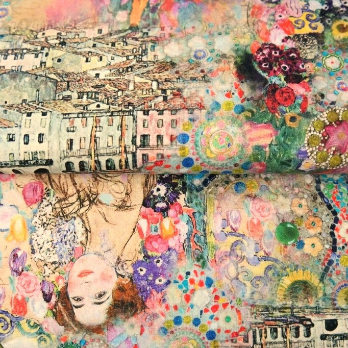 Jersey Gustav Klimt Jugendstil Blumen Stadt Dame Stenzo 50 x 150cm Nähen Stoff 