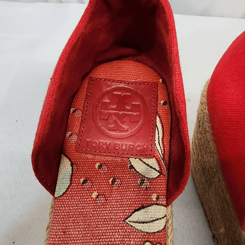 Tory Burch Taglia 9 Sandali Espadrillas Sherri Rosso Floreale Rafia Zeppa Q - Foto 7 di 11