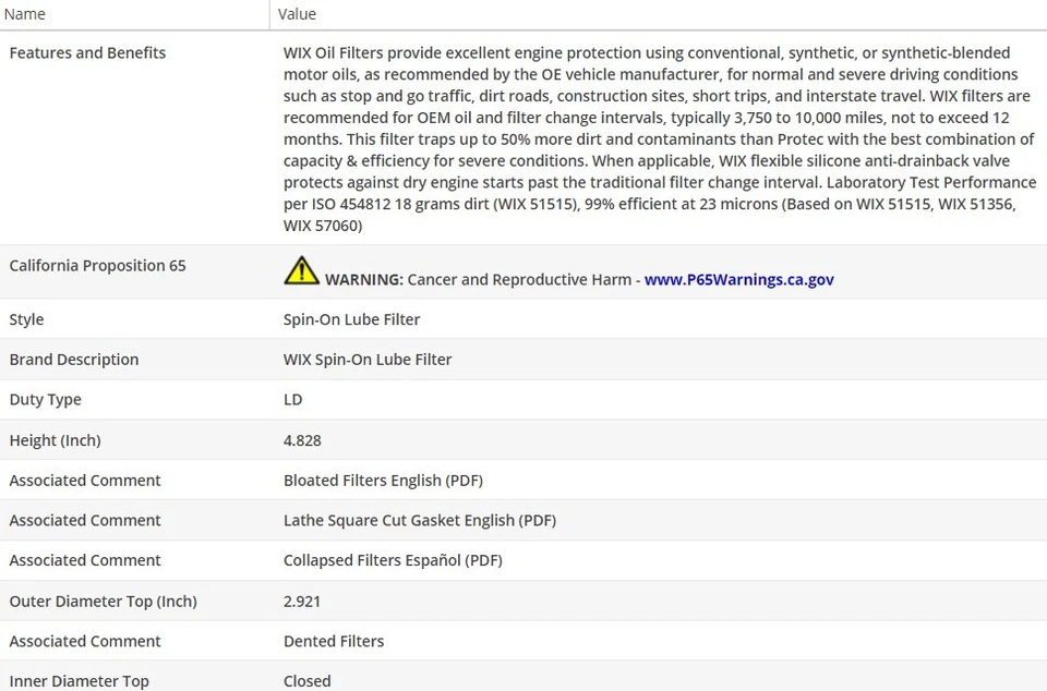 Filtro de aceite de motor OEM WIX para Oldsmobile Cutlass Supreme 1984-1988 V8-5,0 L Foto 3 de 4