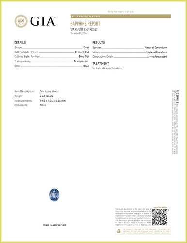 GIA Certified 2.46 ct Oval (10 x 7 mm) Sri Lanka Unheated Natural Blue Sapphire - Picture 3 of 3