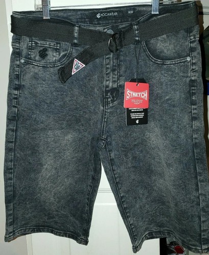 Rocawear Black Acid Wash Stretch Denim Belted Jean Shorts Mens Waist 32 NWT - Picture 3 of 7