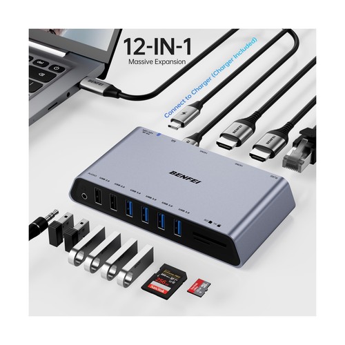 BENFEI DisplayLink 12-in-1 USB 3.0 Universal Docking Station with Dual HDMI D... - 第 2/8 張圖片