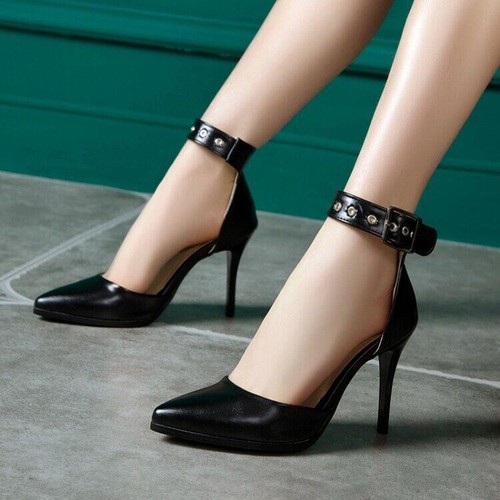Damenschuhe spitz zulaufend Stilettos mit Absatz Knöchelriemen Sandalen Übergröße formell OL - Bild 11 von 27