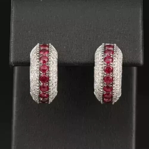 2Ct Round Cut Lab Created Red Ruby Huggie Hoop Earrings In 14k White Gold Plated - Picture 6 of 6