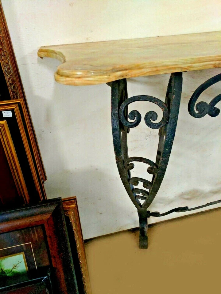 Antigua consola francesa de hierro desplazado estilo rococó W61" mármol ónix se fija a la pared Foto 2 de 4