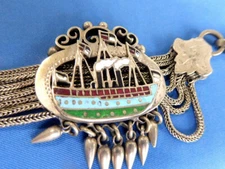 Antique Two-Sided Enameled Silver Slide Watch Fob Chain Necklace SAILBOAT  Scene