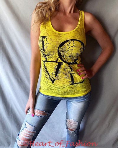 Damen-Tanktop "LOVE" Grafik halbtransparent Burnout ärmellos Racerback Shirt - Bild 9 von 10