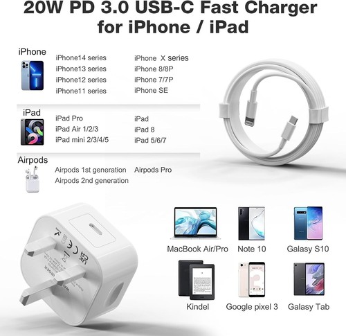 3Pack Iphone 14/13/12 [ Apple Mfi Certified]Fast Charger 20W 6Ft Type C Cable - Picture 2 of 7